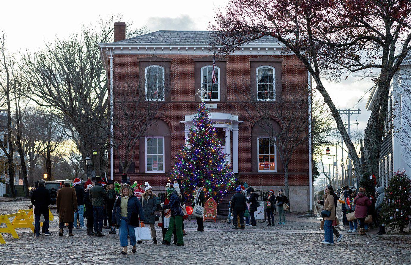 Christmas tree in front of brick building
