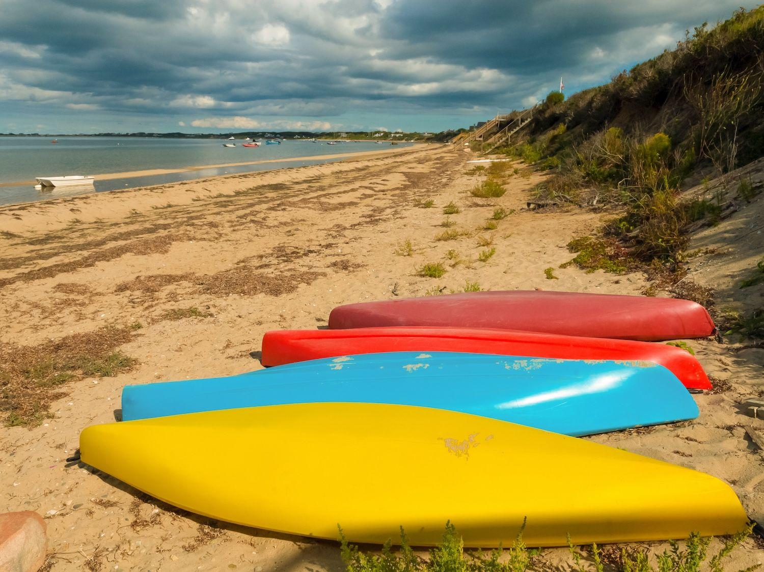 Colorful kayaks lined up on beach.