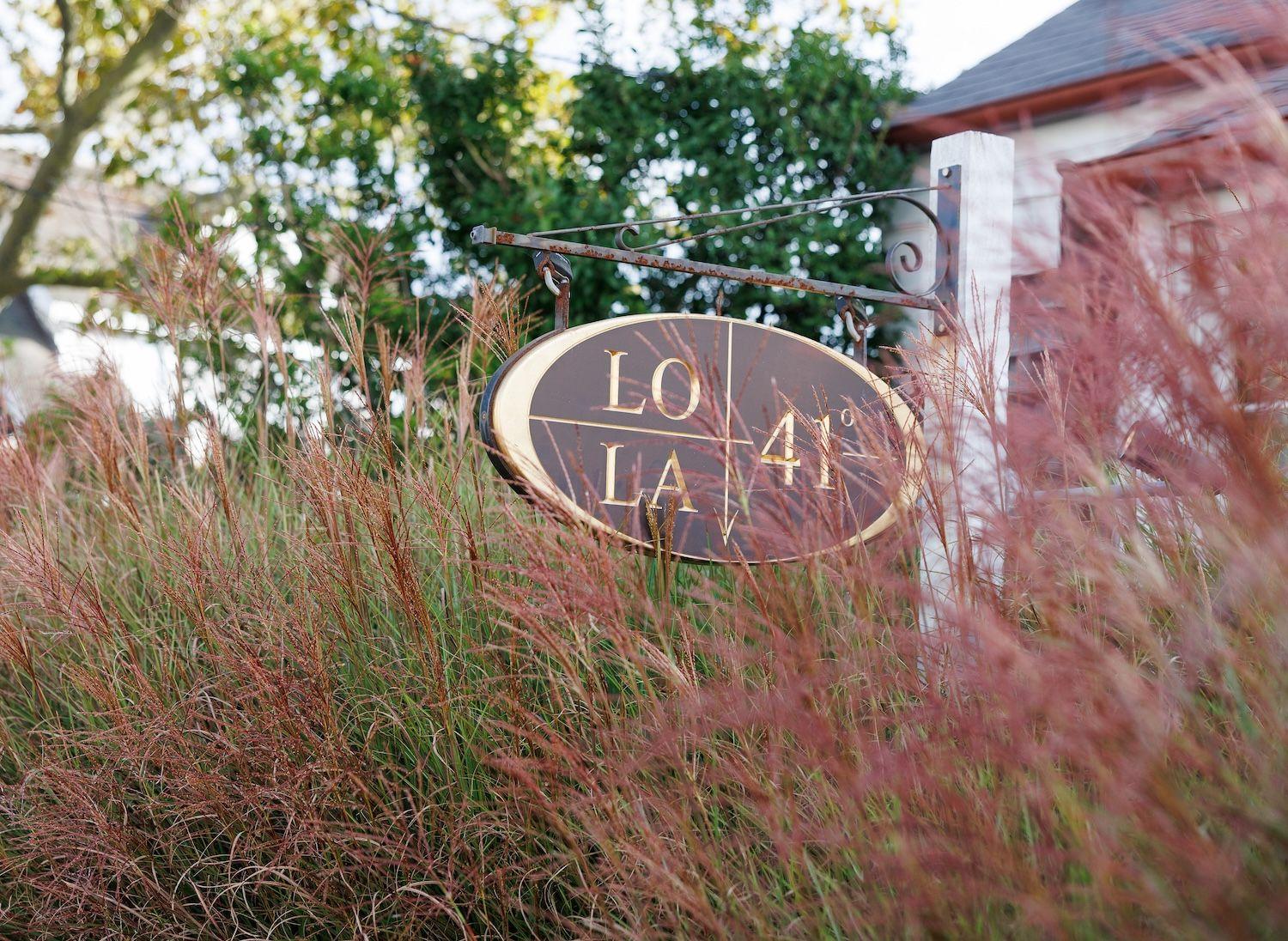 LoLa41 wooden restaurant signs behind long, wild grasses.