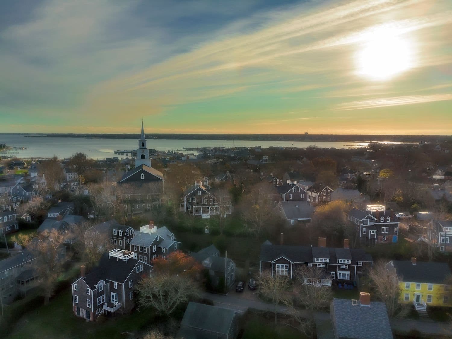 Wide shot of Nantucket downtown facing towards water.